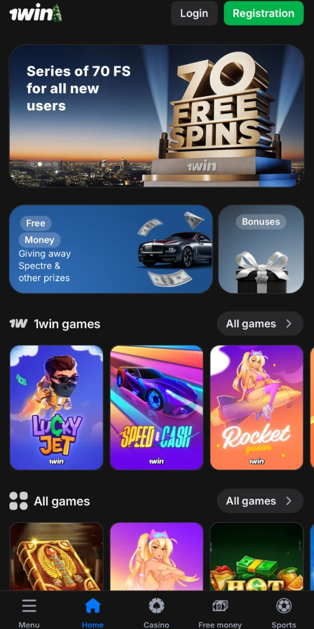 Access the 1win app home screen for instant site-wide navigation.