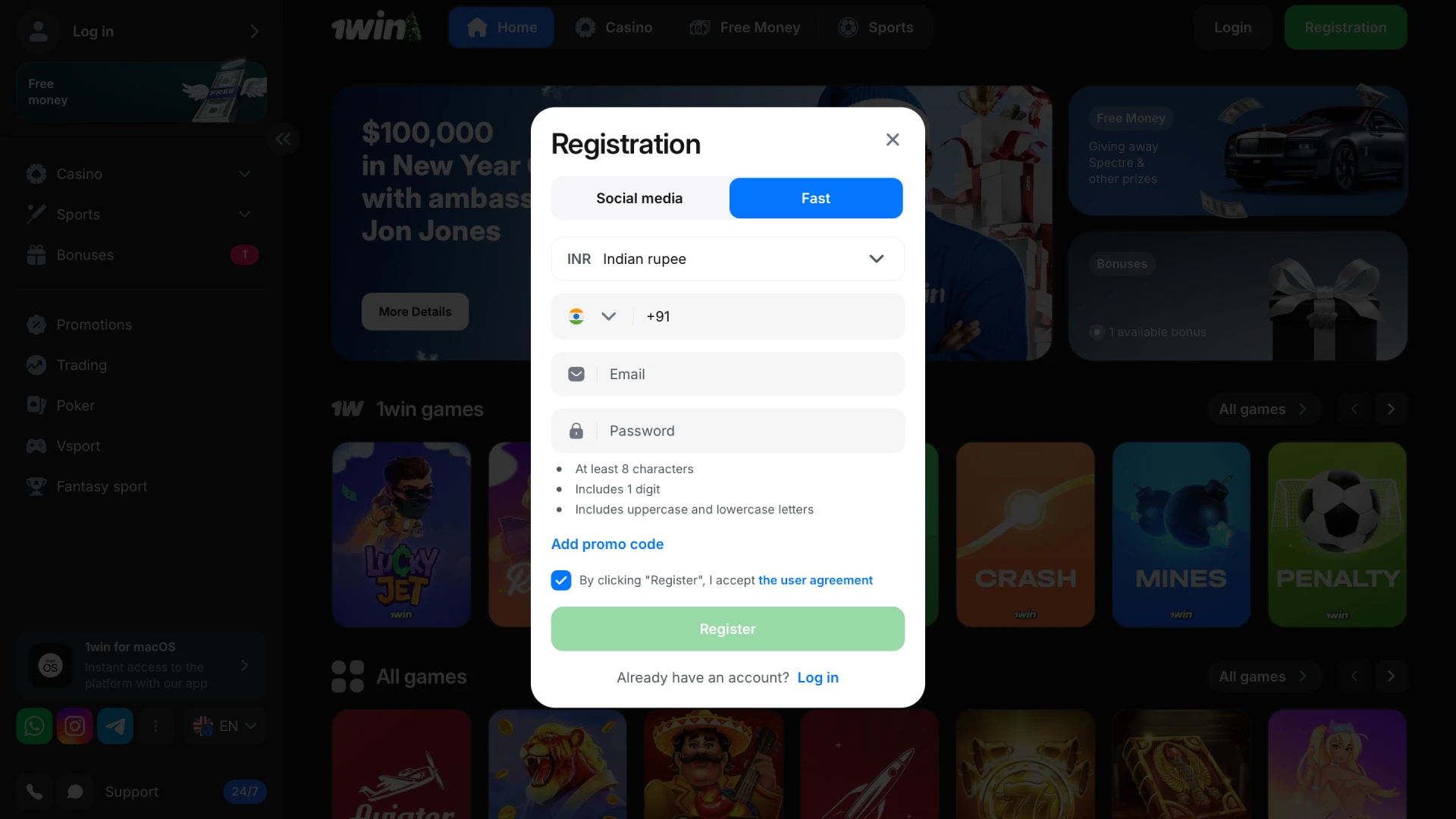 Complete your 1win India website registration to start winning.