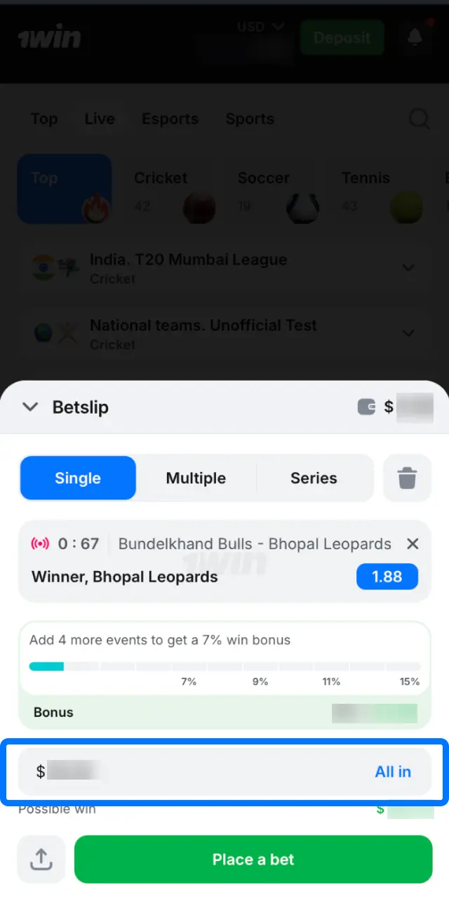 Tap the odds on 1win to add them to your bet slip, enter stake, and review potential return.