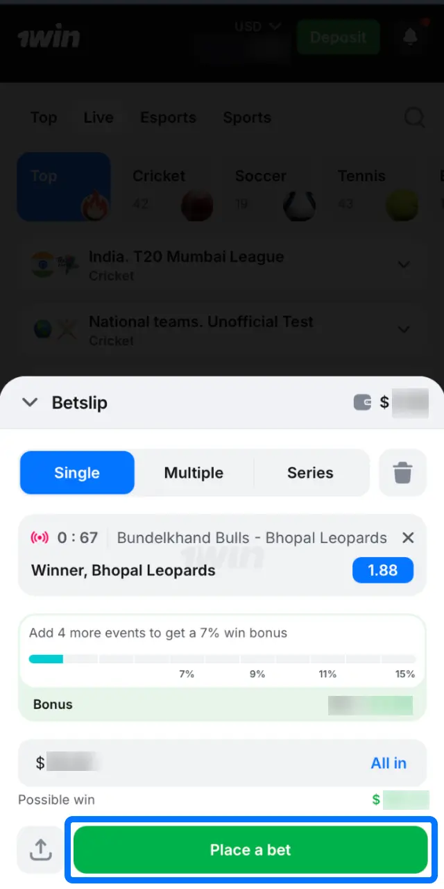 Tap Place Bet on 1win and track your wager in Bets or Cashout when available.