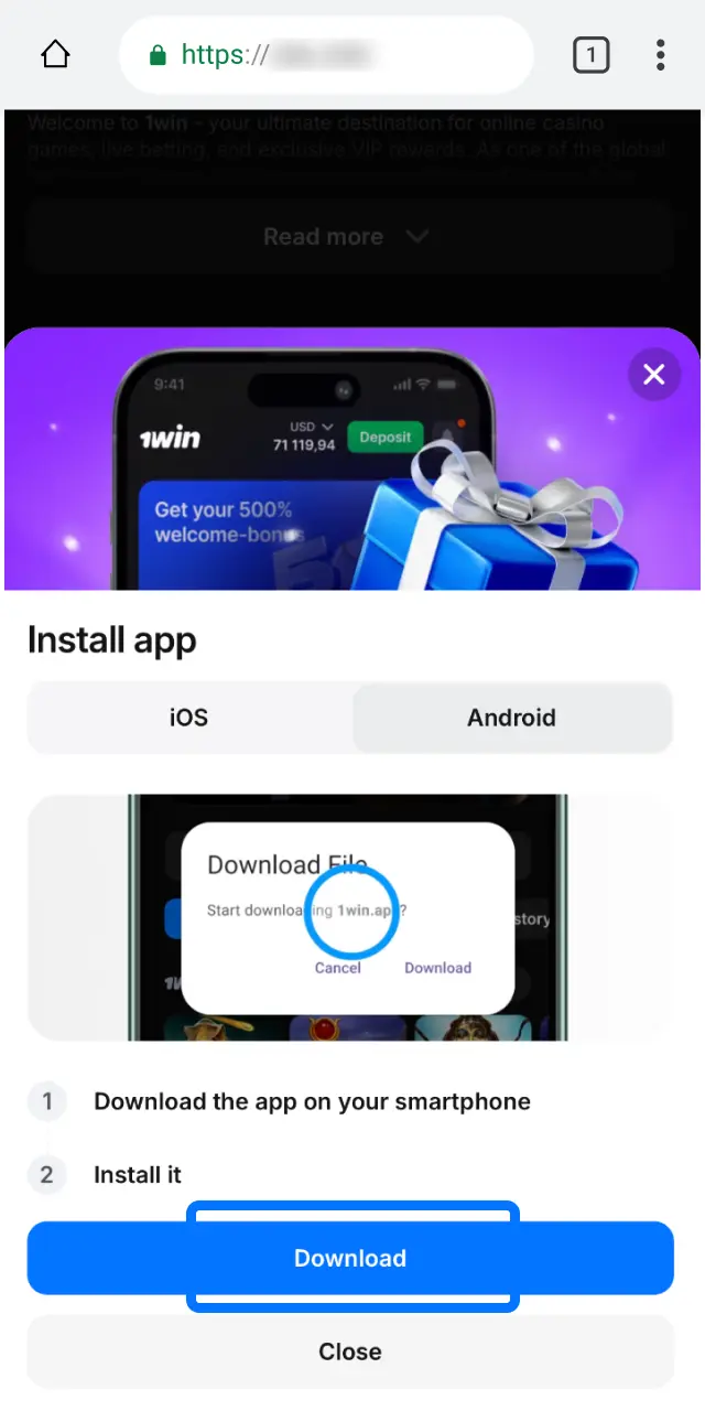 Tap the App button on the 1win page to start a safe direct download from the official source.