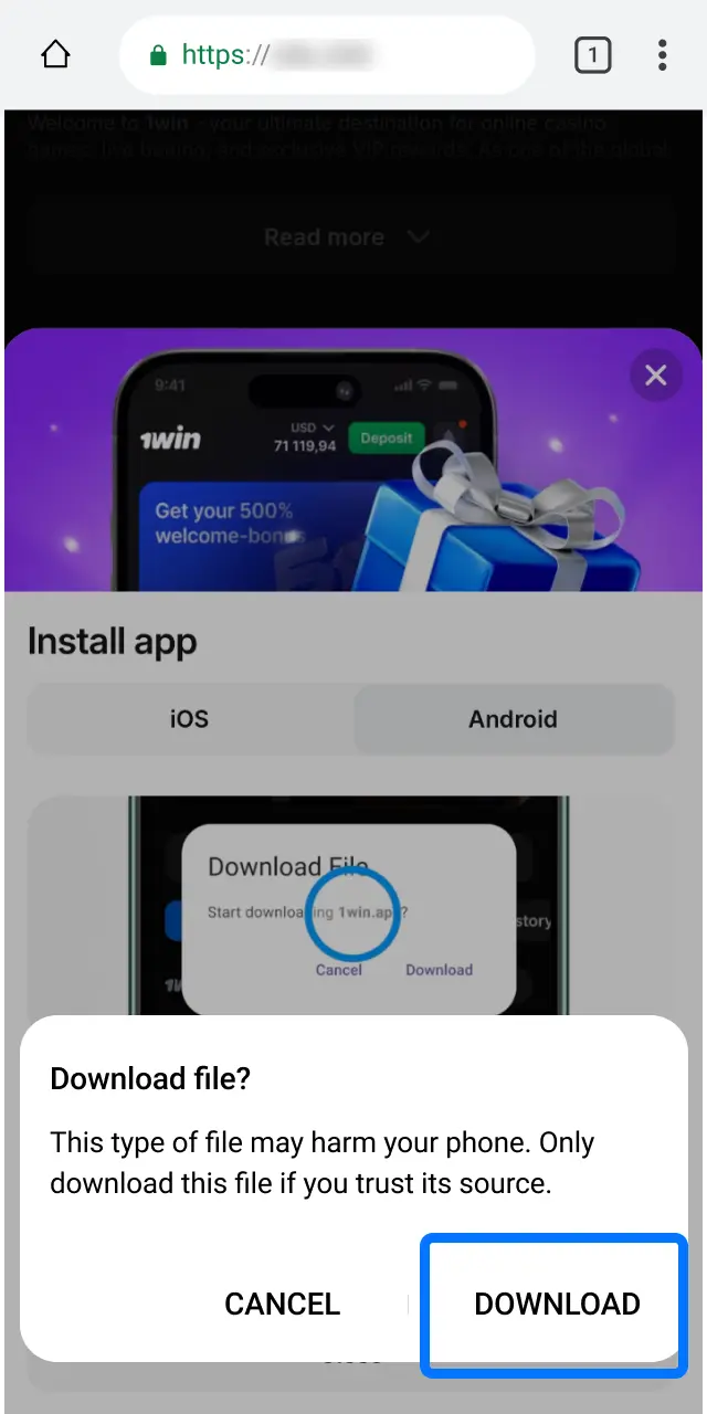 Confirm the free download in your browser and save the 1win installer file to your device.