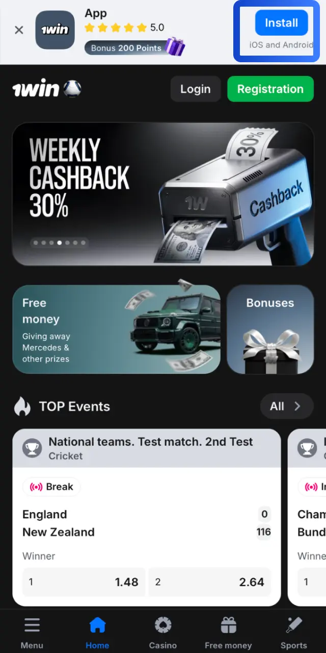 Open the official 1win website and tap Download for Android on the homepage banner.