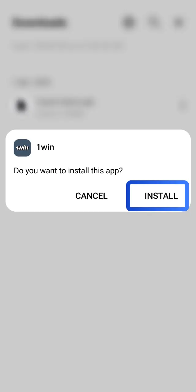 Tap Install on the 1win APK, wait for completion, and open the app to log in.