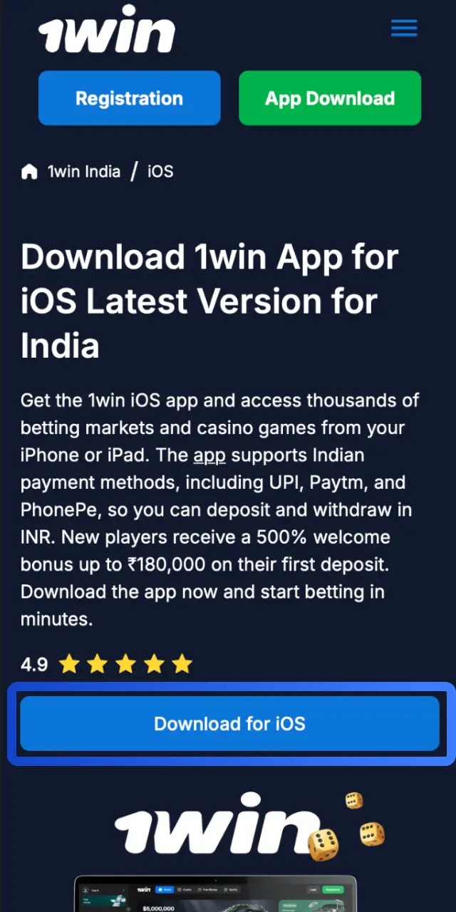 Launch Safari on your iPhone and tap Download for iOS on the 1win homepage.