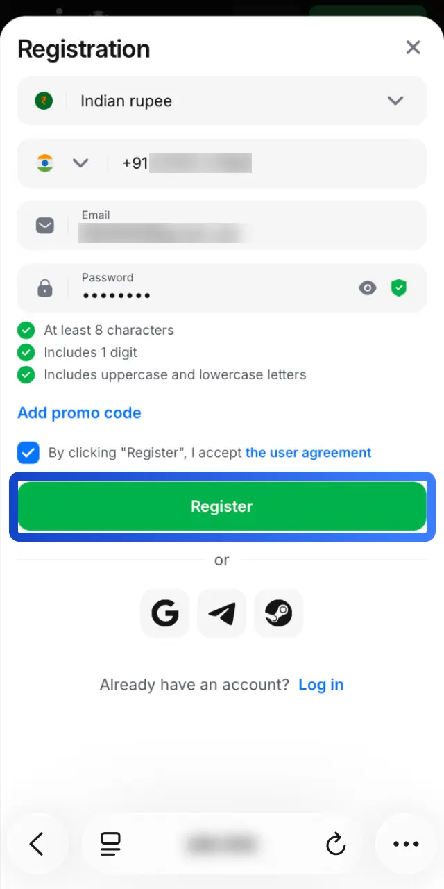 Complete the 1win registration form with your mobile number, email, and preferred currency.