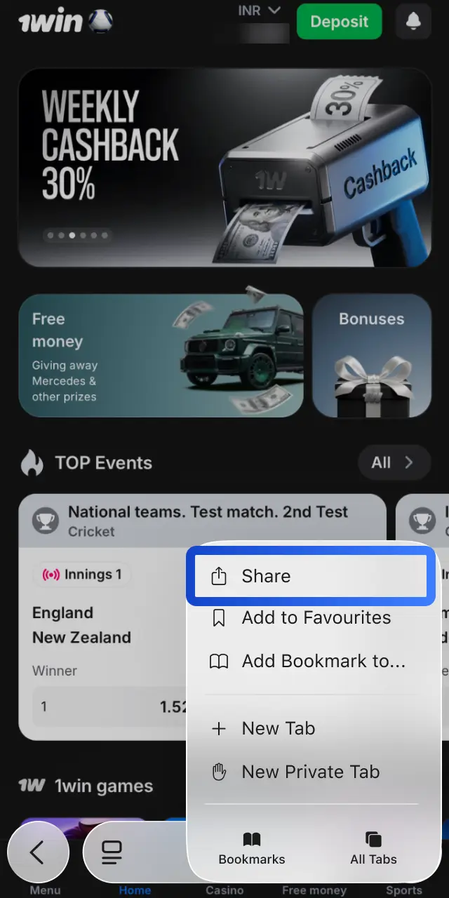 vTap the Share icon at the bottom of Safari to access the menu for 1win PWA.