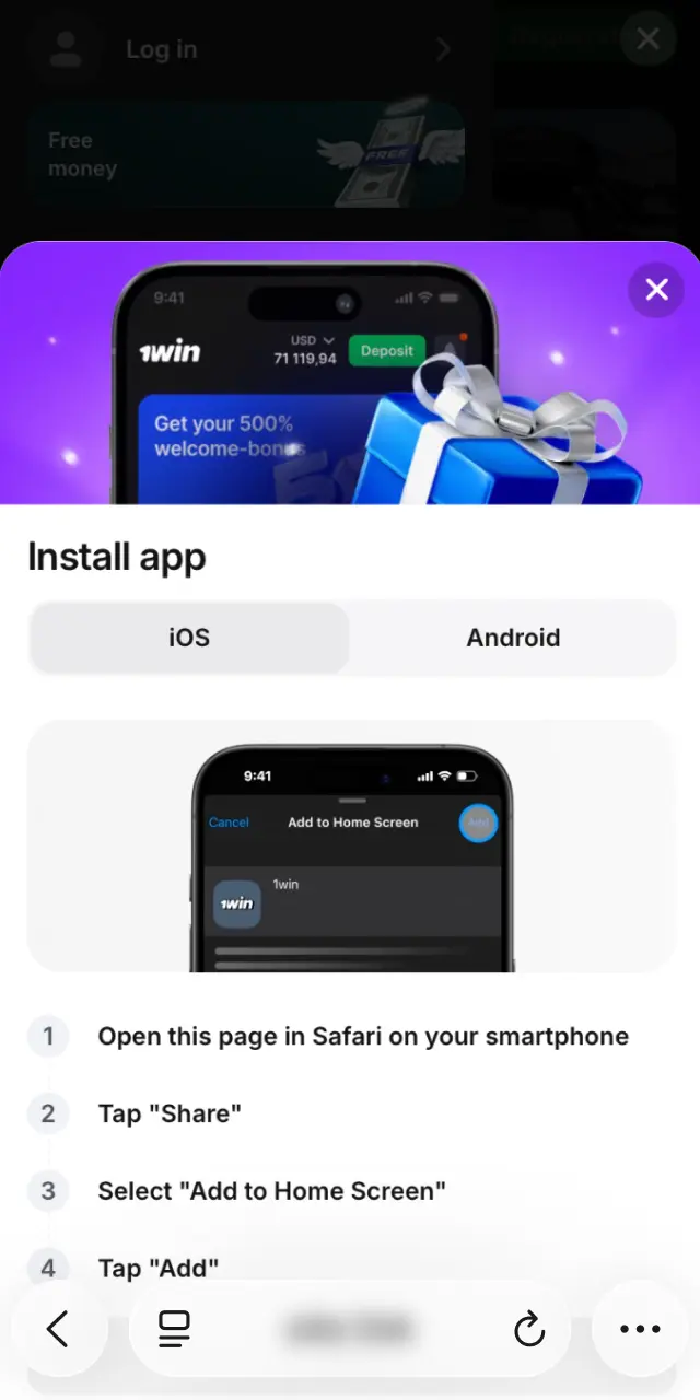 Open this page in Safari and tap Download for iOS to load the 1win installer page.