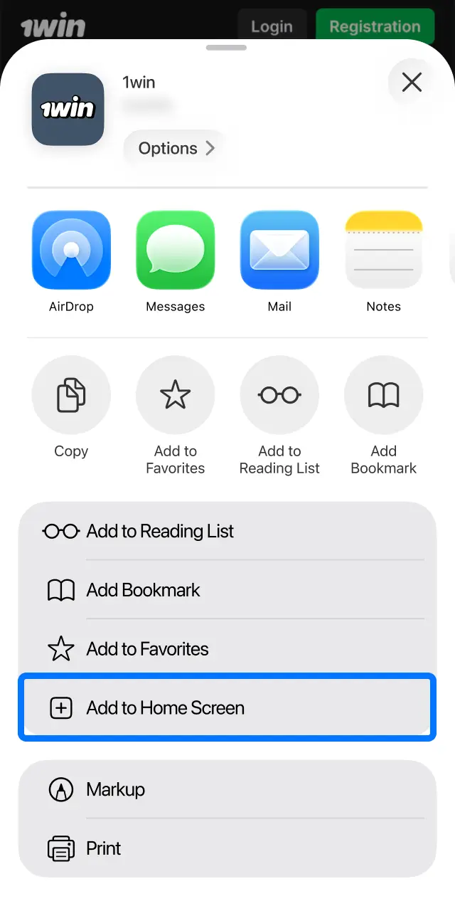 Tap the Share icon in Safari to open the options menu for installing 1win PWA.