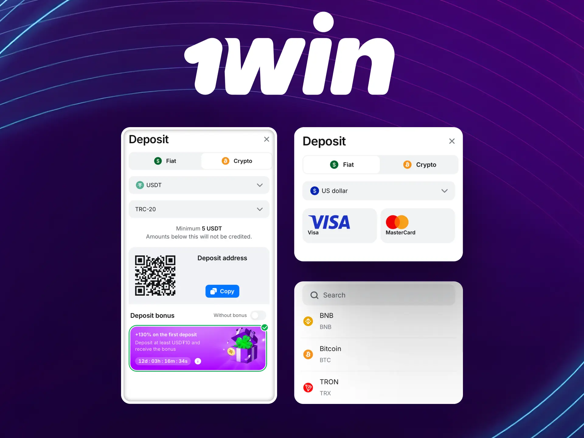 Deposit methods on 1win Global including credit cards, e-wallets, and crypto.