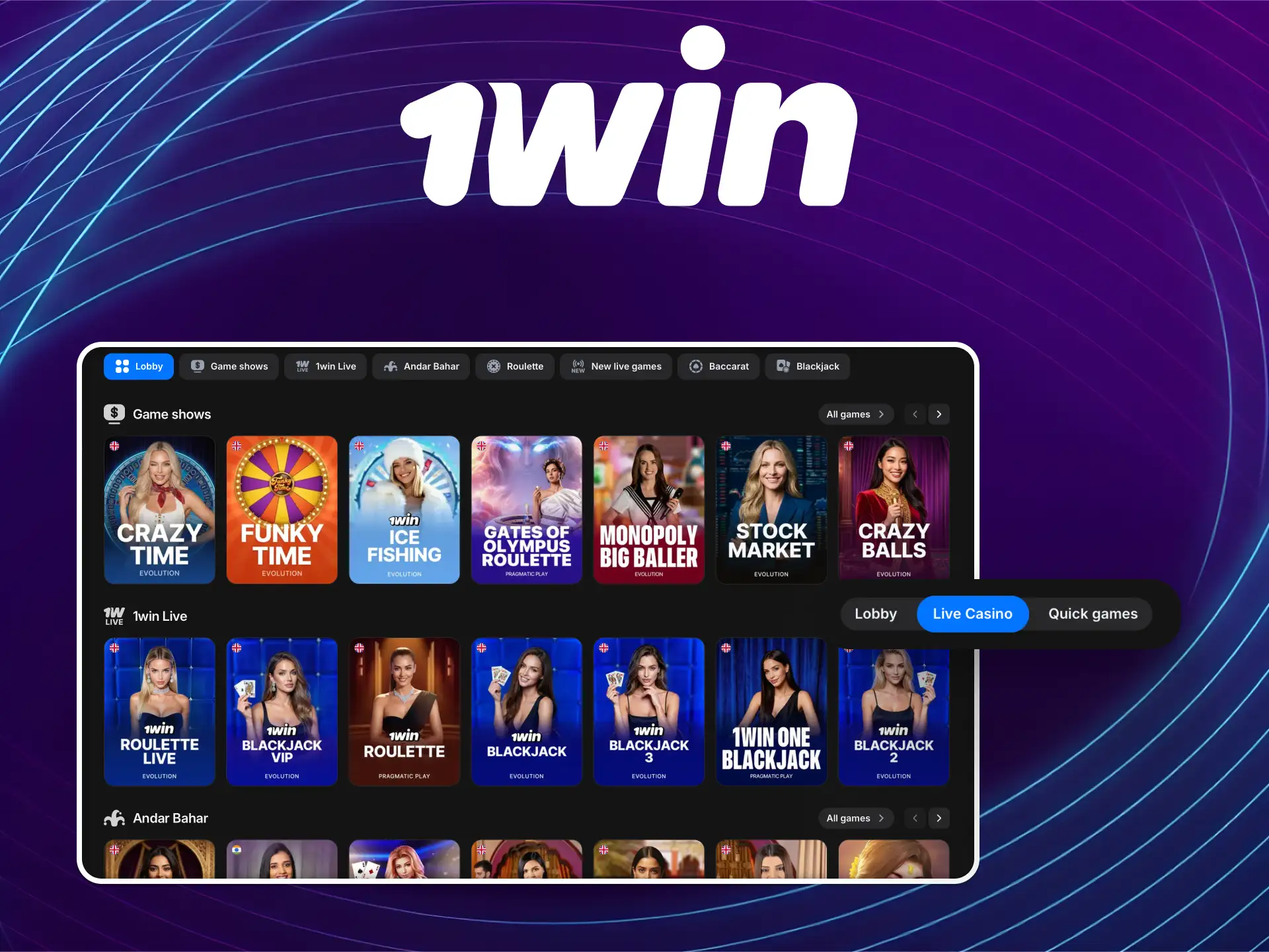 Live casino on 1win Global with real dealers for blackjack, roulette, and baccarat.