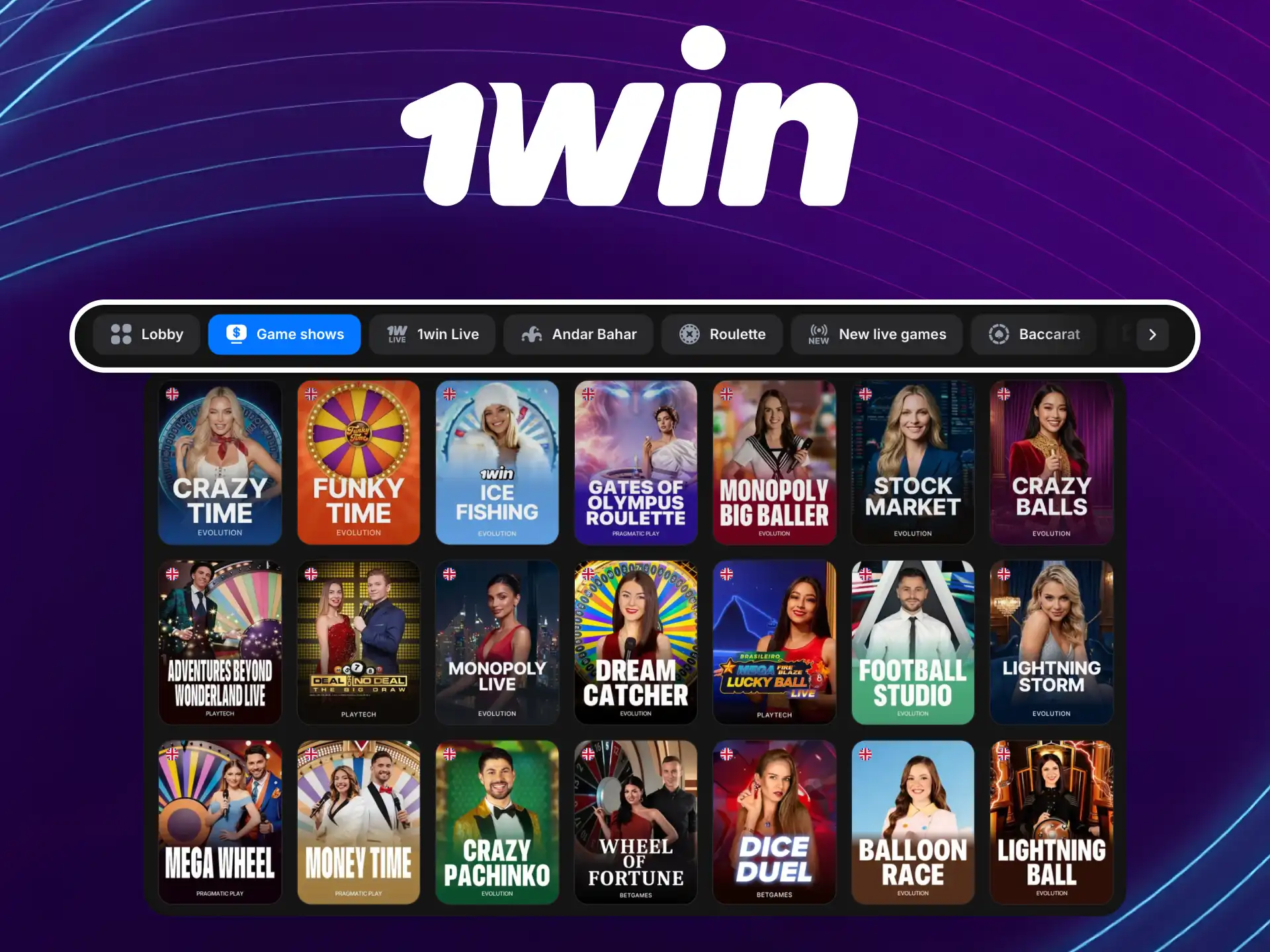TV games on 1win Global with lotteries and reel spins hosted by live organizers.