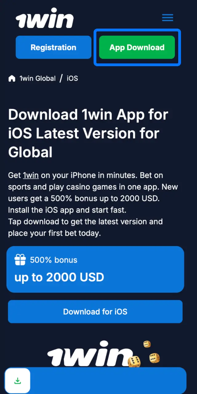 Hit Download for iOS on this page to open the 1win installer in Safari on your iPhone.
