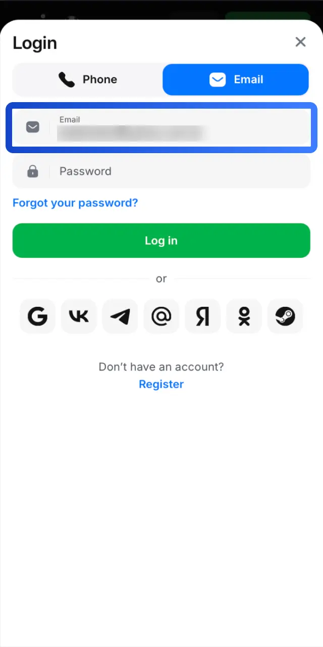 Enter your email or phone number in the first field on the 1win app login form.