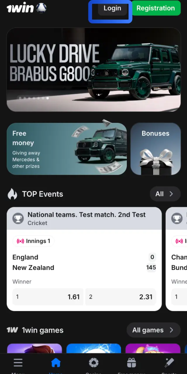 Open the 1win app and tap the Login button on the main screen to access your account.