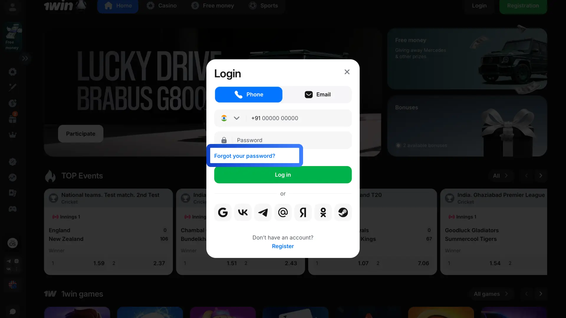 Click the Forgot Password link on the 1win login screen to start the recovery process.