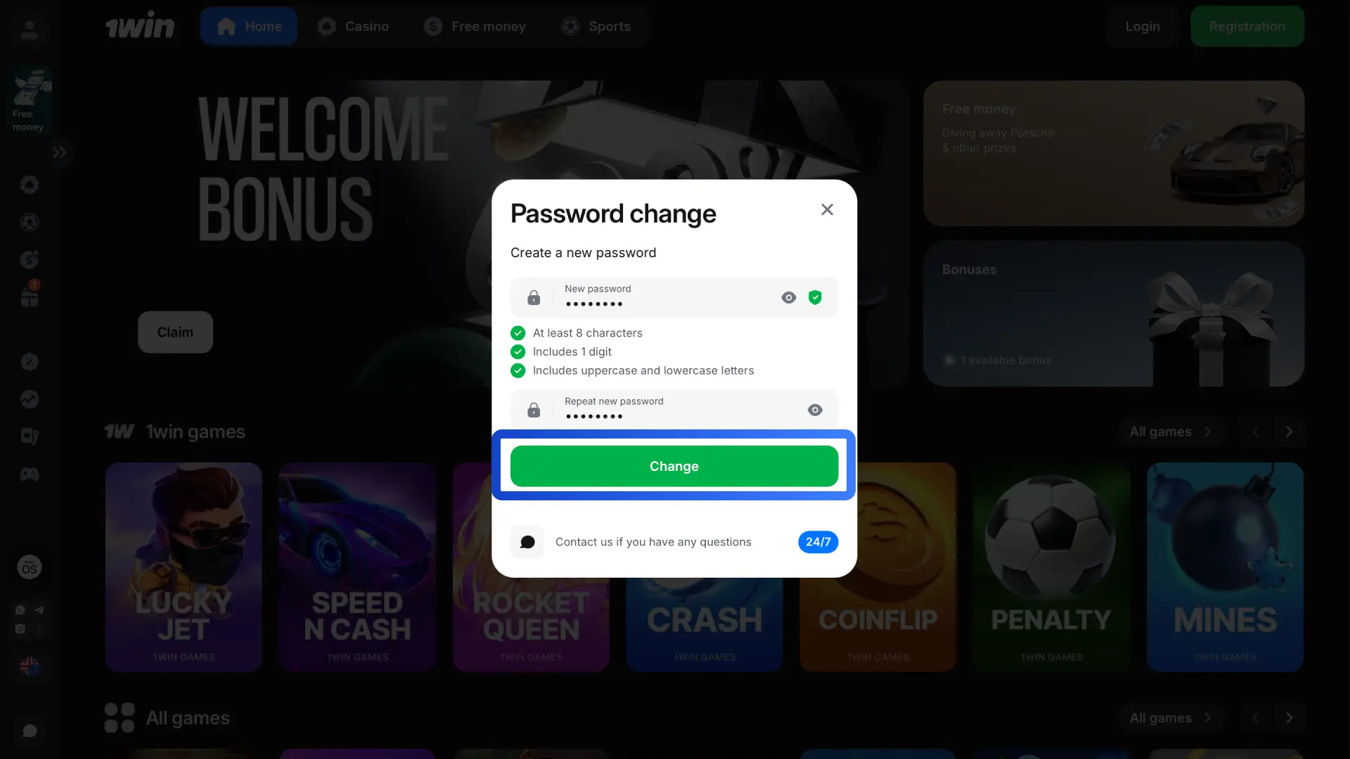 Log in to your 1win account using your new password and enable two-factor authentication.