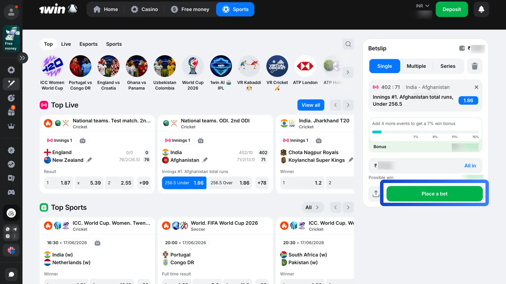 Type your wager amount on 1win bet slip, review payout, and press Place Bet to confirm.