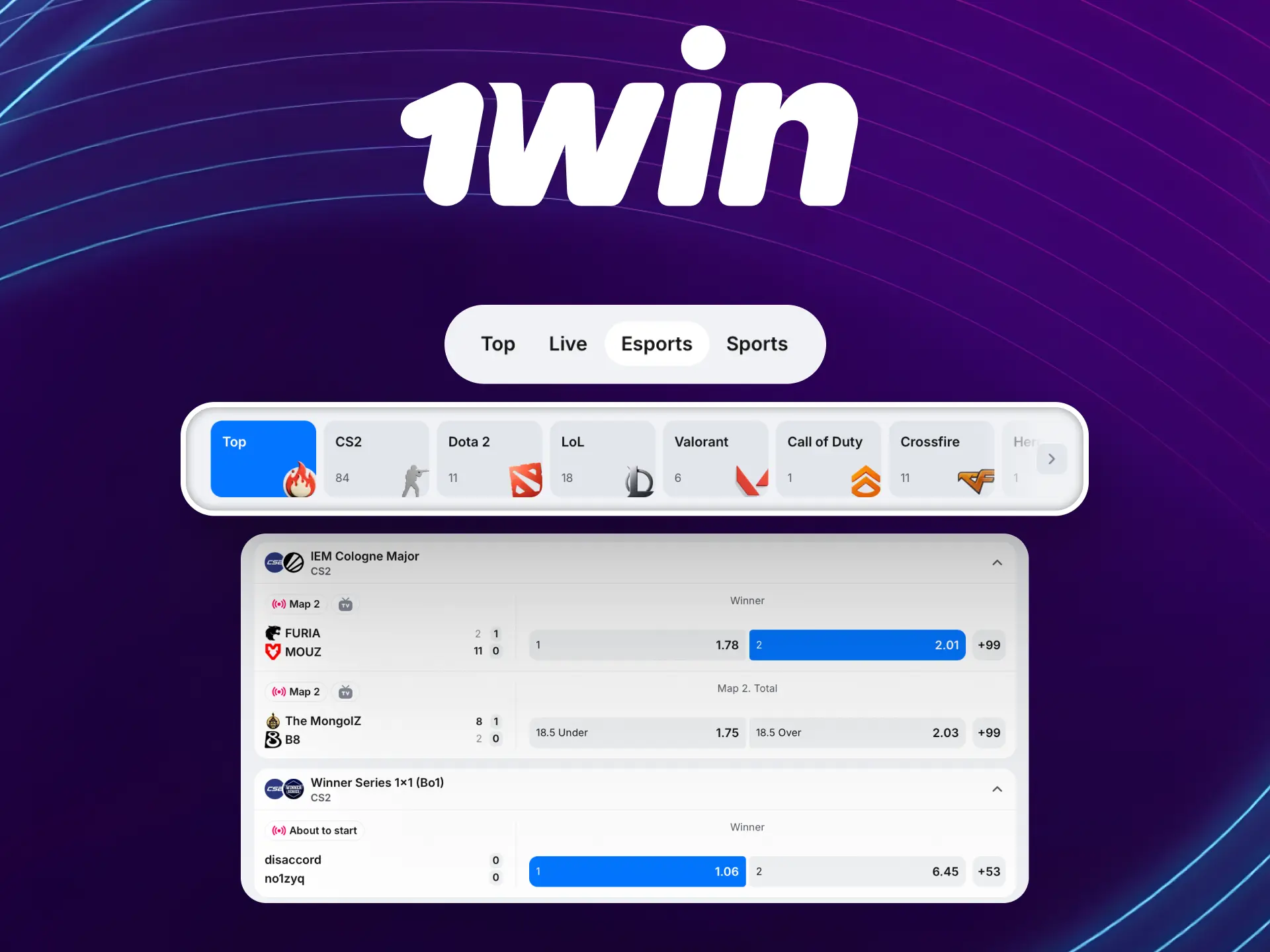 eSports betting on 1win India with CS2, Dota 2, League of Legends, and Valorant.