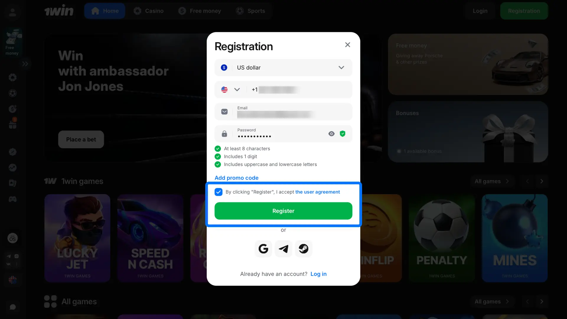 Accept the terms and conditions and click confirm to finish your 1win registration.
