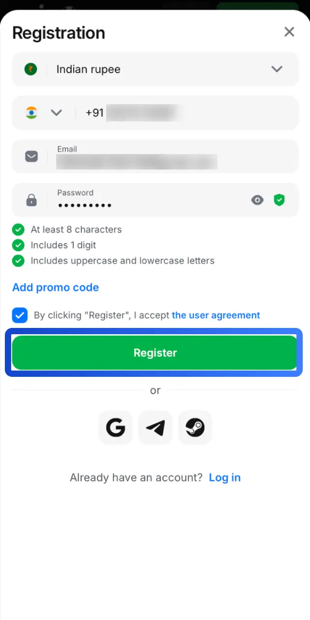Press Register on the 1win app to save your details and log in automatically.