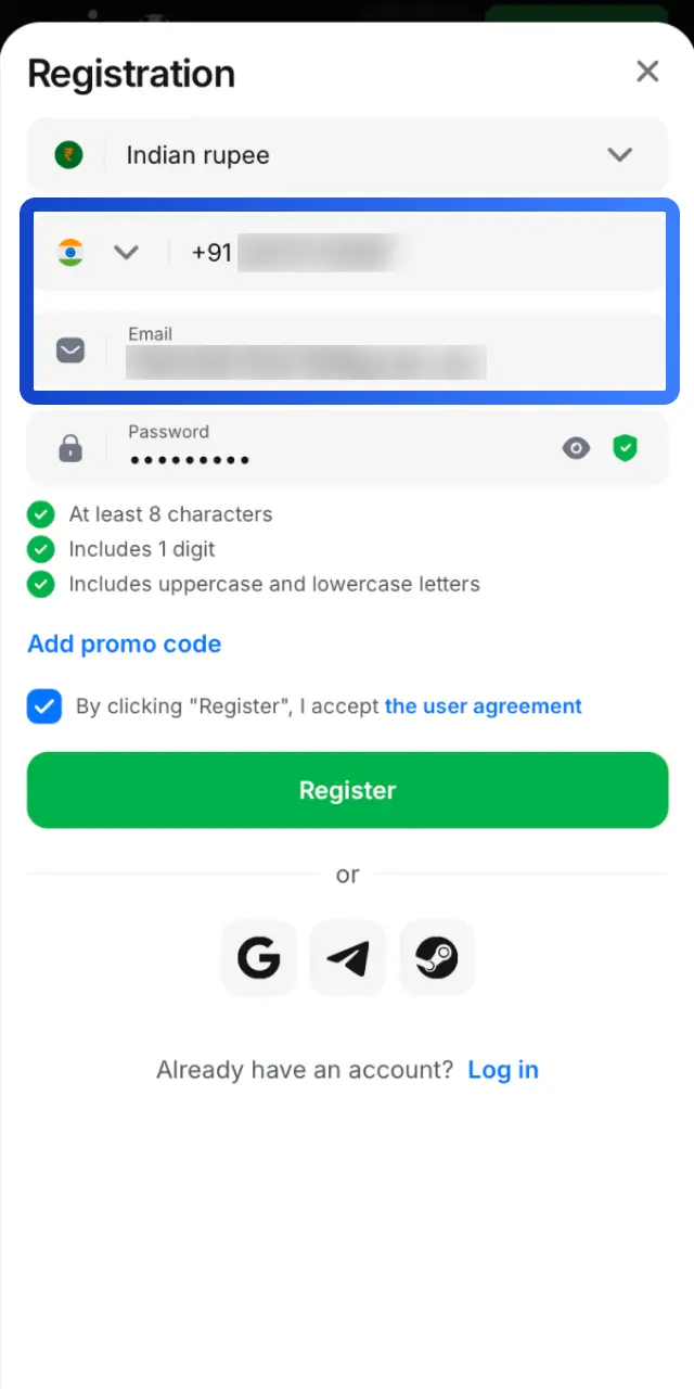 Type your phone number, email, and choose a password to keep your 1win account safe.