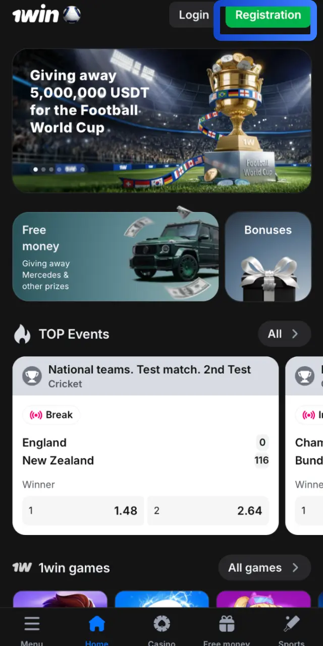 Click the button on our website to open the 1win app and see the login and signup buttons.