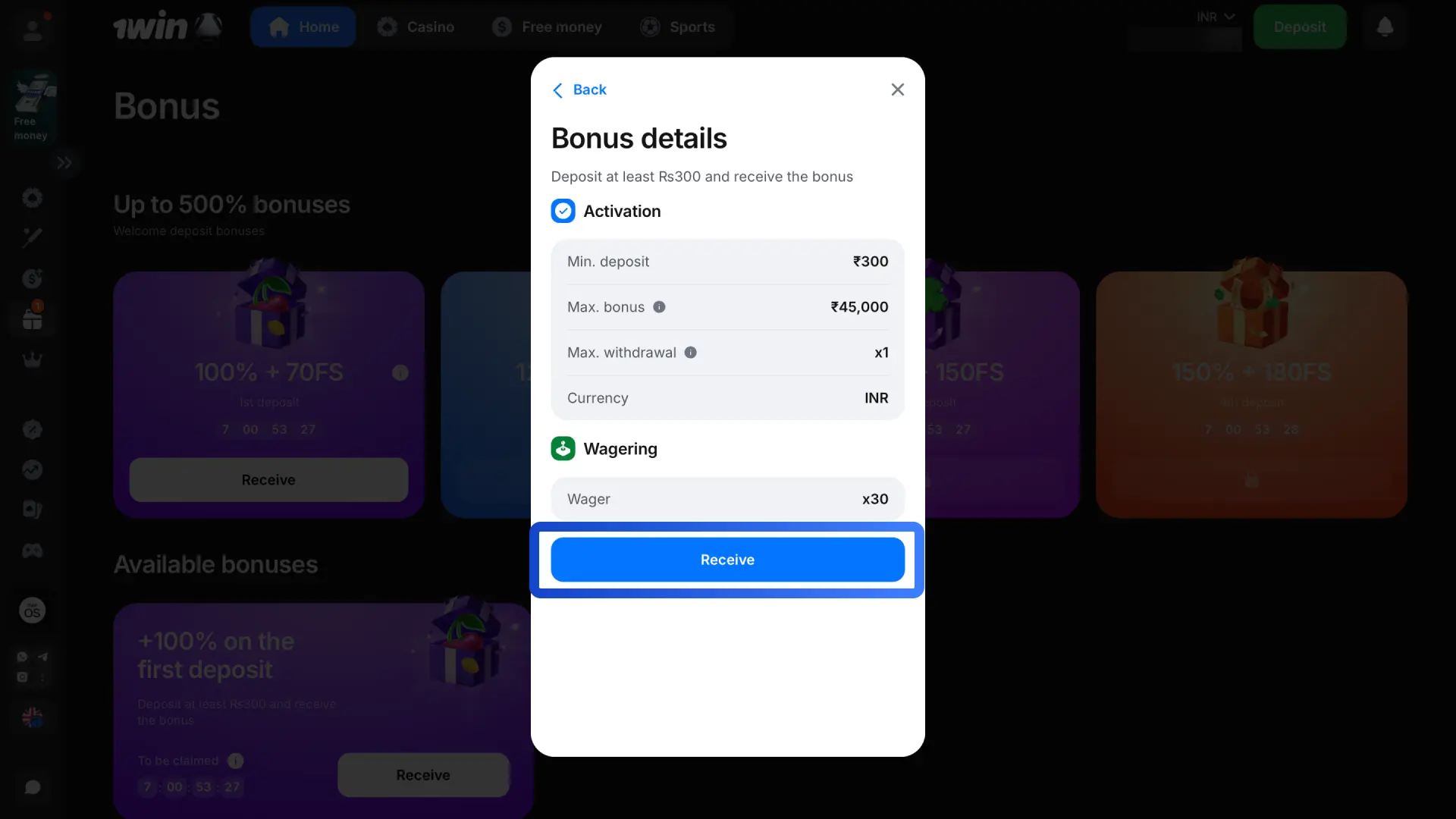 Check your 1win profile to see real money and bonus money balances separately.