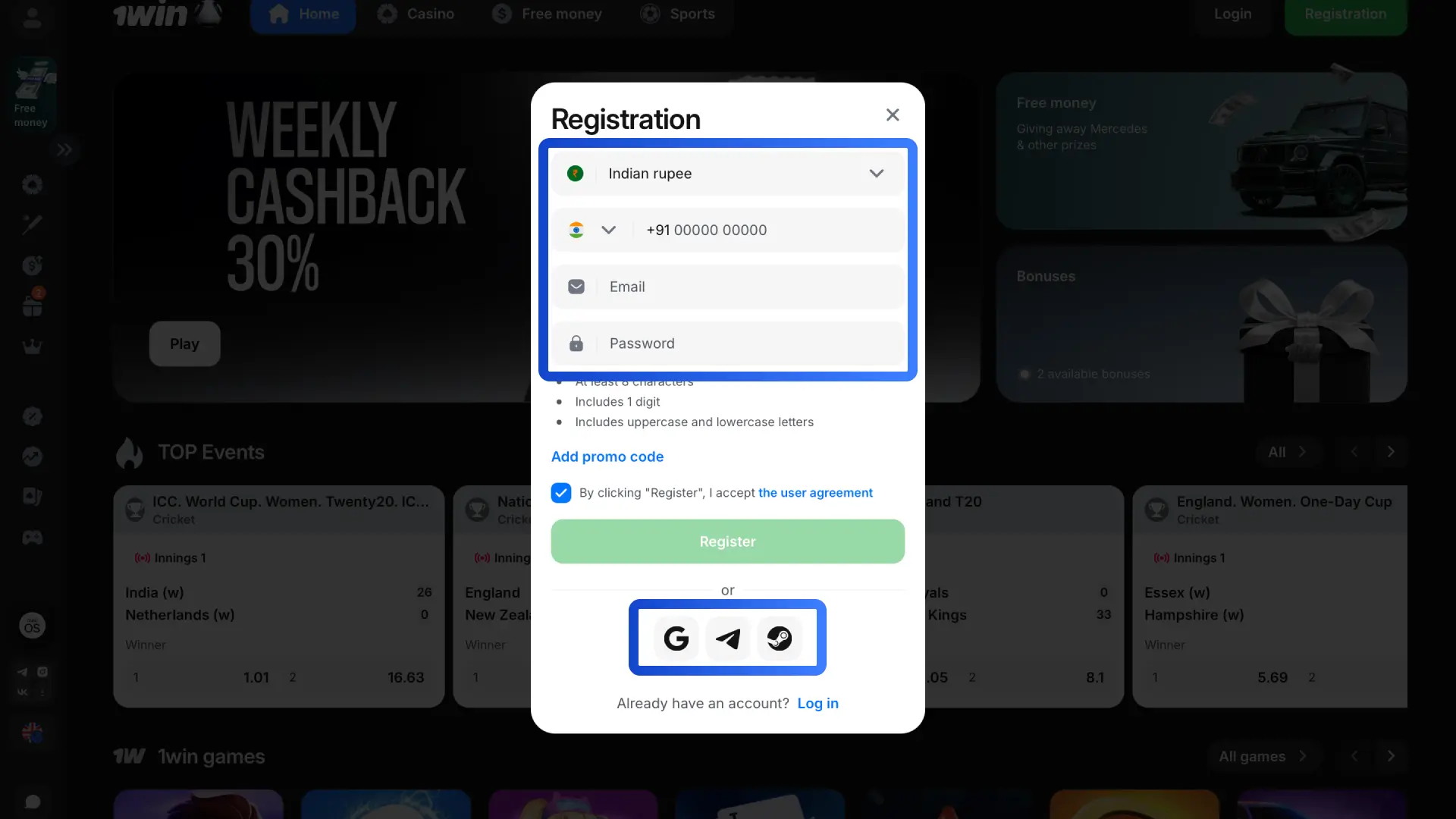 Choose Quick registration or social media sign-up to create your 1win account.