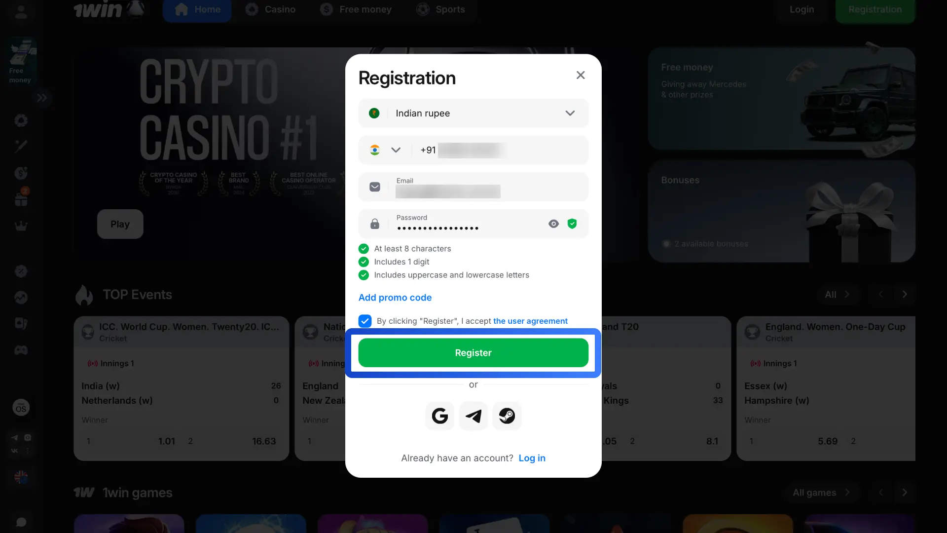 Check the box to agree with 1win rules and click Register to activate your account.