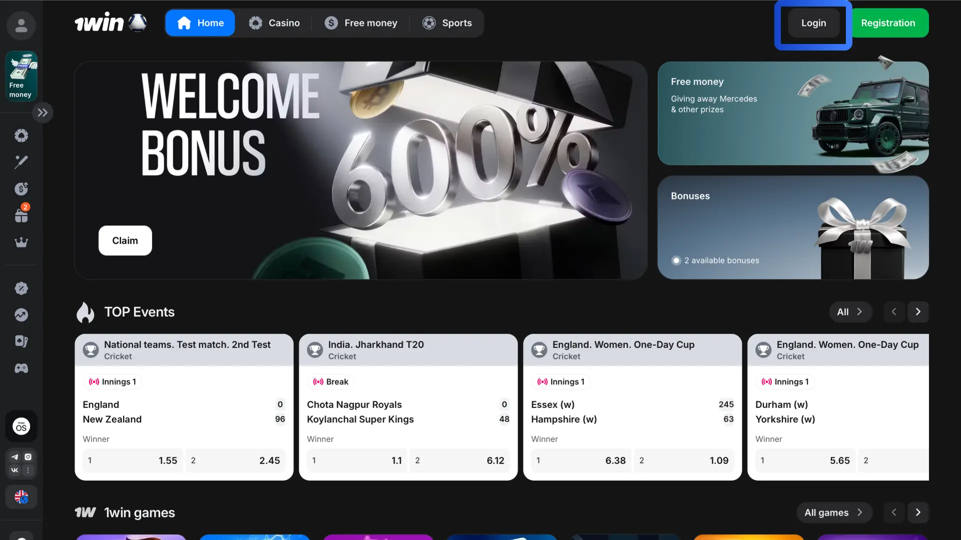 Open the 1win website or app and click the Login button at the top right of the page.
