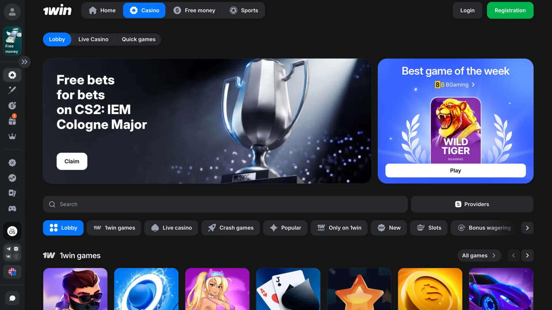 Casino lobby on 1win India with slots, table games, and live dealers.