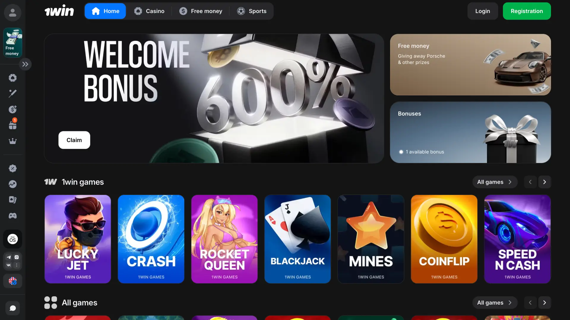 1win India homepage with access to sports, casino, and live events.