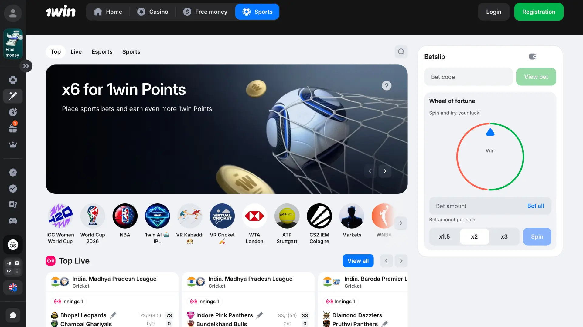 Sports betting interface on 1win India with live odds and upcoming matches.