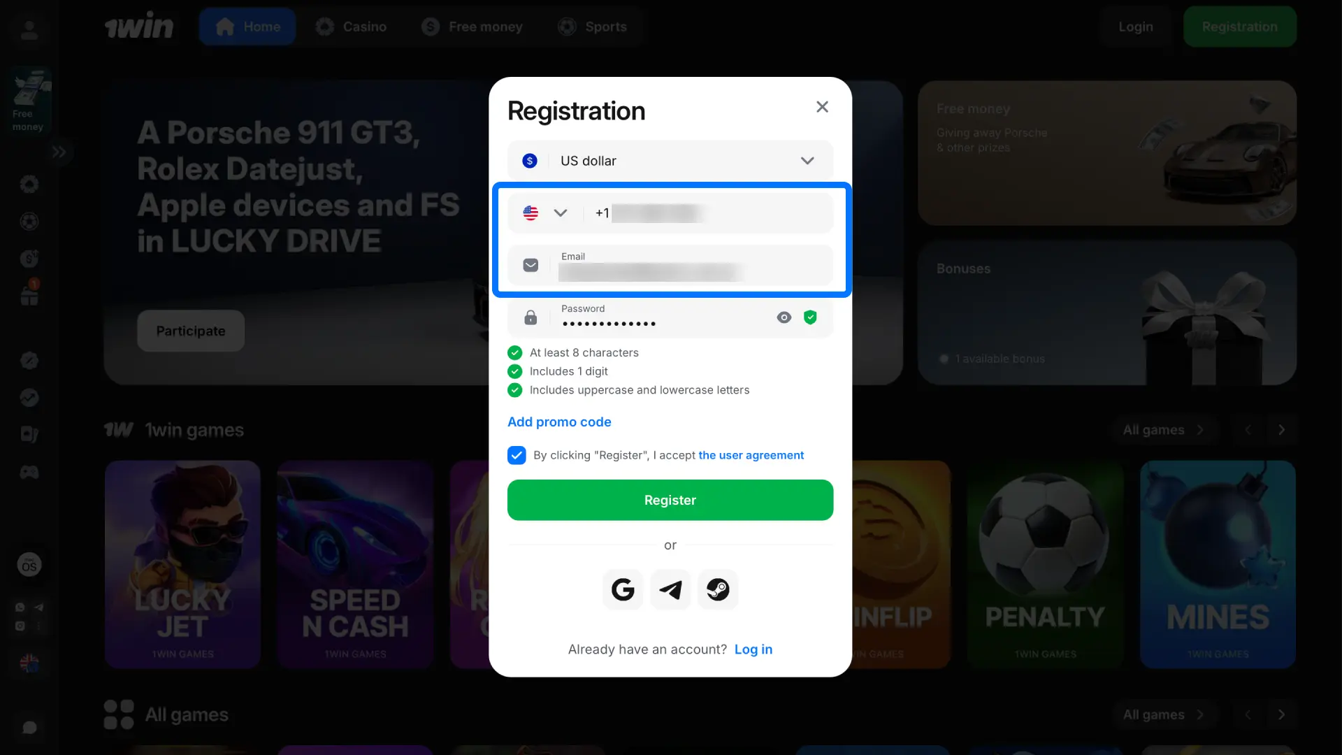 Enter your active phone number and email address on the 1win registration form.